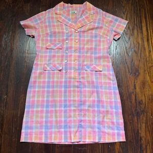 Vintage Glenbrook Shirt Dress Womens L Pink Plaid Button Stranger Things 70s